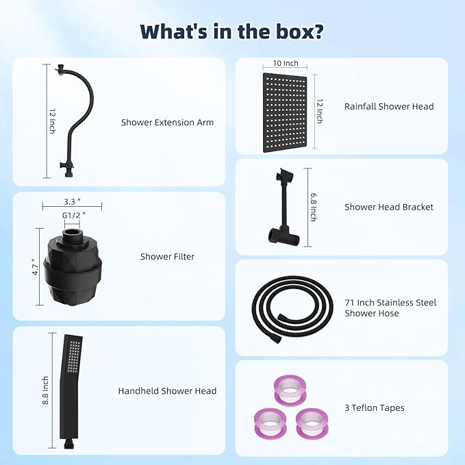 Hibbent All Metal 12'' Filtered Rainfall Shower Head Combo, High Pressure Handheld Shower Wand, 12'' Adjustable Extension Arm, 20 Stage Shower Filter, 71'' Hose, Shower Head Holders, Matte Black