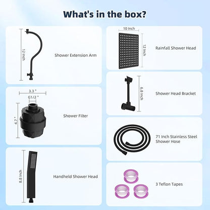 Hibbent All Metal 12'' Filtered Rainfall Shower Head Combo, High Pressure Handheld Shower Wand, 12'' Adjustable Extension Arm, 20 Stage Shower Filter, 71'' Hose, Shower Head Holders, Matte Black
