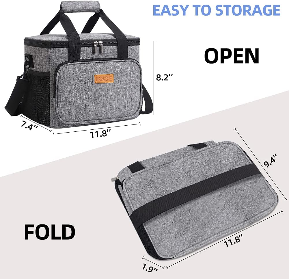 iknoe Thickened Lunch Bag - Soft Coolers Insulated, Leak Proof Tote with Zippered Top - Great for Work, Picnic, Beach - 18-Can Capacity, Grey