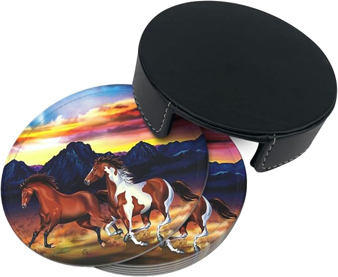 6 Pcs Wild Horses Running Leather Coasters