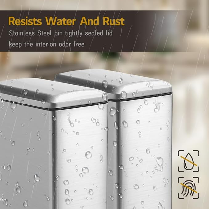 Bathroom Trash Can, 2.6 Gallon Trash Can with lid, Stainless Steel Garbage Can with Removable Liner Bucket, Pedal Rectangle Trash Bin for Bathroom, Office, Kitchen, Bedroom, 10 Liter