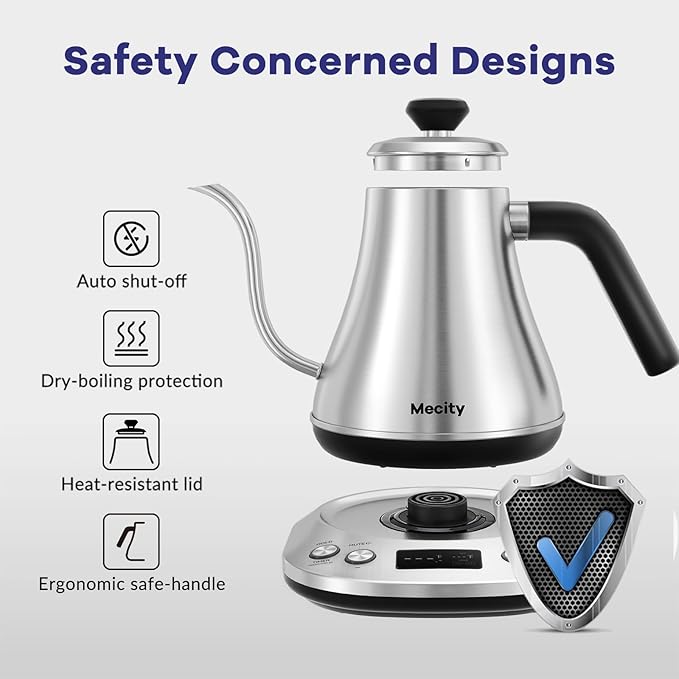 Mecity Electric Gooseneck Kettle With LCD Display Automatic Shut Off Retro Coffee Kettle Temperature Control Hot Water Boiler to Pour Over Tea, 1200 Watt Quick Heating Tea Pot, 0.8L, Stainless Steel