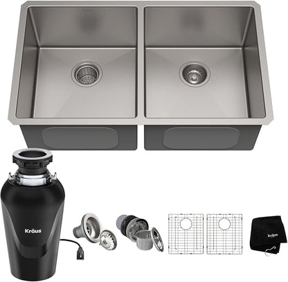 KRAUS Standart PRO™ 33-inch 16 Gauge Undermount 50/50 Double Bowl Stainless Steel Kitchen Sink with WasteGuard™ Continuous Feed Garbage Disposal, KHU102-33-100-75MB