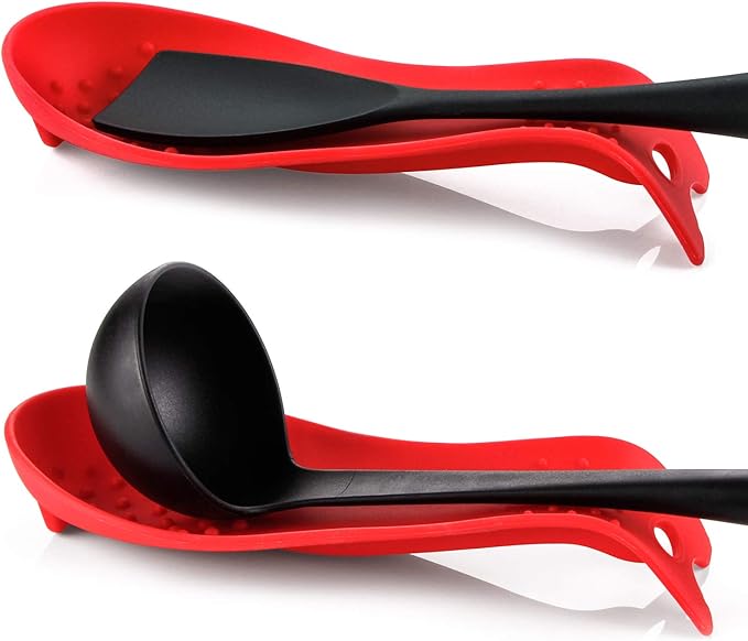MSY BIGSUNNY Silicone Spoon Rests, Cooking Utensils Holder for Kitchen (2, Red-Red)