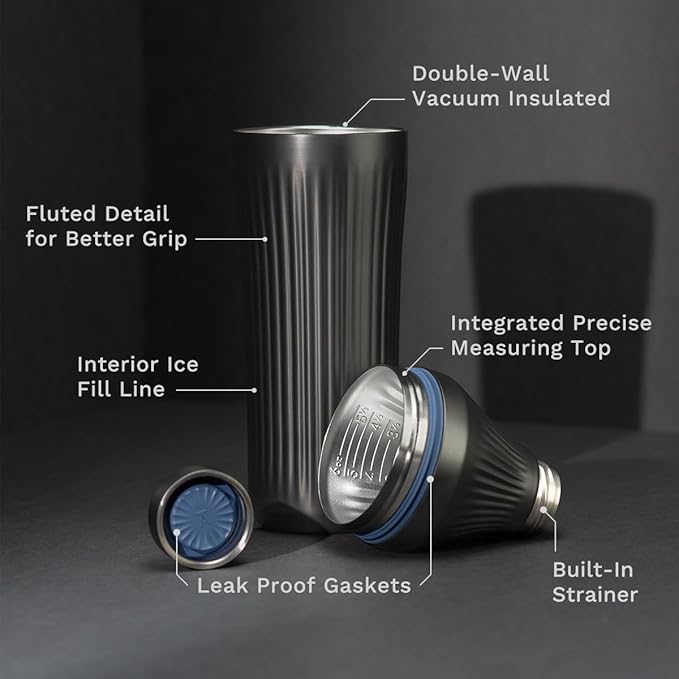 Elevated Craft Diamond Edition Hybrid Cocktail Shaker Set - Premium Vacuum Insulated Gunmetal Black, 28 oz, Includes Built-In Strainer, Precise Measuring Top & XL Polishing Cloth - Martini Shaker