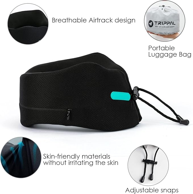 Travel Pillow, Super Neck Chin Head Support, Memory Foam, Neck Pillows for Travel Sleeping Airplane Car Office with Compact Carry Bag Black Small