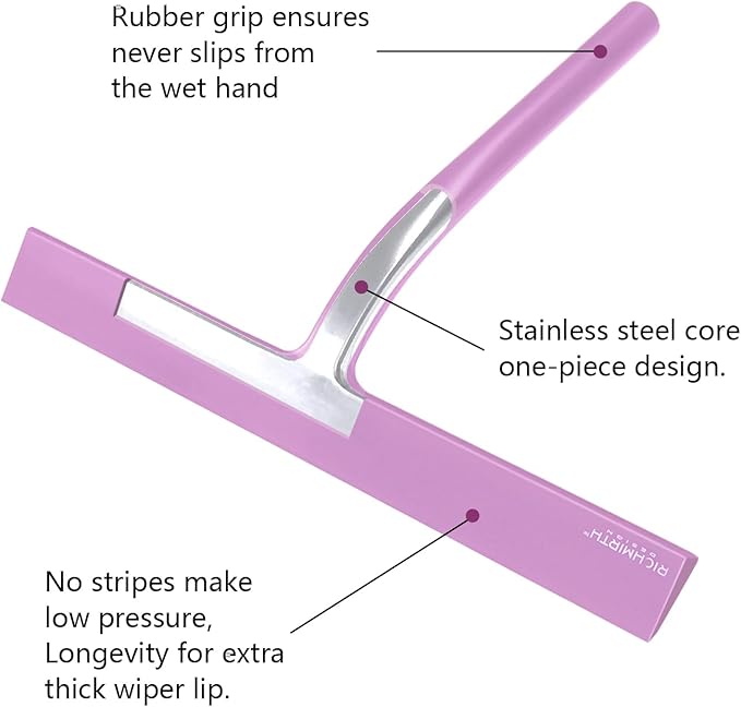 Shower Squeegee with Silicone Hook, 11" Inch Width All Purpose Squeegee Wiper for Shower Glass Doors Bathroom Mirror Tiles Car Window Cleaner Tool - Pink