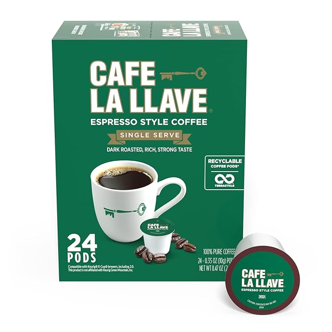 Cafe La Llave 24 Count Dark Roast Coffee Pods, Espresso Style, Compatible with Keurig Brewers, Single Serve Rich Bold Flavor