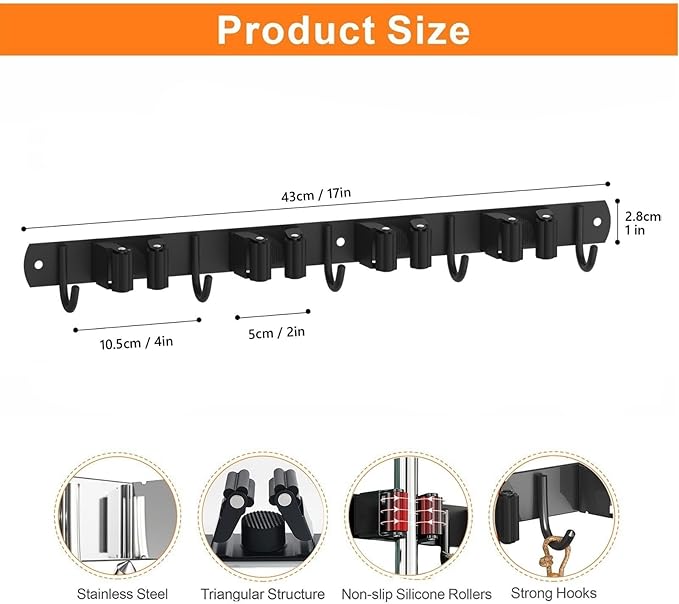2 Pack Mop and Broom Holder Wall Mount, Non-slip Broom Hanger Wall Mount, Heavy Duty Mop Broom Organizer for Kitchen Garden Garage Laundry Room Wall Decor Organization and Storage Black 4R5H