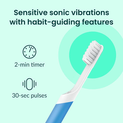 Quip Sonic Toothbrush for Adults with Timer - Includes Extra Brush Head and Travel Cover Mount - Electric, Soft Bristle Refill Head, Plastic Handle, 3 Month Battery Life - Travel Toothbrush - Blue