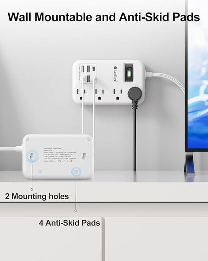 6 USB(2 USB C) Travel Power Strip- Flat Plug Extension Cord 3 Feet with 4.8A 24W USB Charging Station and 4 Outlets, 3 FT Short Extension Cord Portable for Travel Cruise Office College Dorm