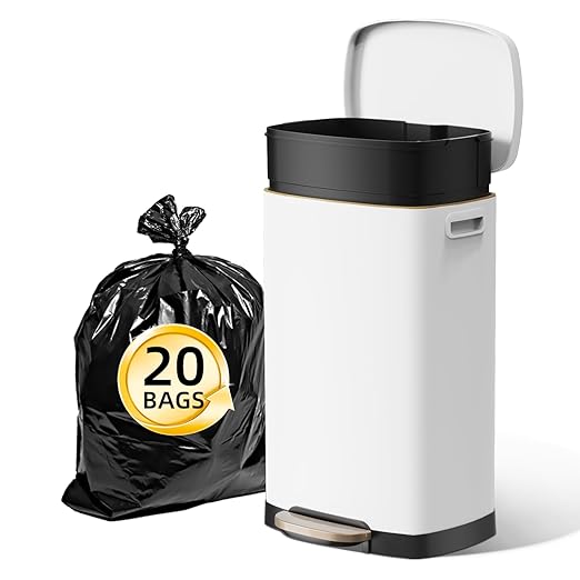 KUK 13 Gallon Kitchen Trash Can with Lid, 50L/13Gal Office Step Garbage Can for Home, Kitchen, Laundry Room, Office, Brushed Stainless Steel, White