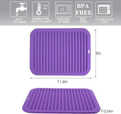 Silicone Trivet for Hot Dishes, 2 Pack Purple Heat Resistant Silicone Hot Pads Pot Holders for Kitchen Counter Non-Slip Trivets for Hot Pots and Pans, 9'' x 12'' Large Dish Drying Mat & Spoon Rest