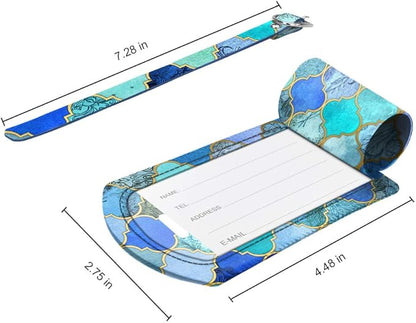 FINTIE 2 Pack Luggage Tags, Leather Name ID Labels with Privacy Cover for Travel Bag Suitcase, Theme - Cool Jade