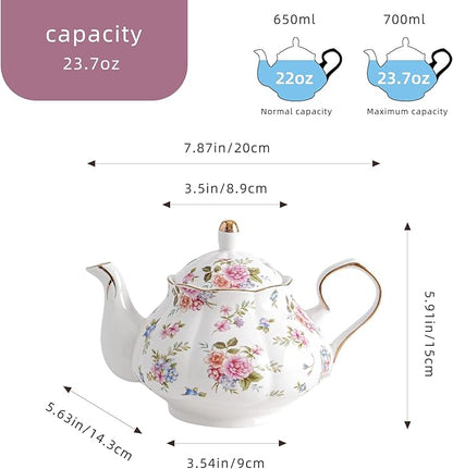 Flower Ceramic Teapot,22oz Porcelain Tea pot for Tea Coffee Milk for Office Home Men Women as Gift(White and small flowers)
