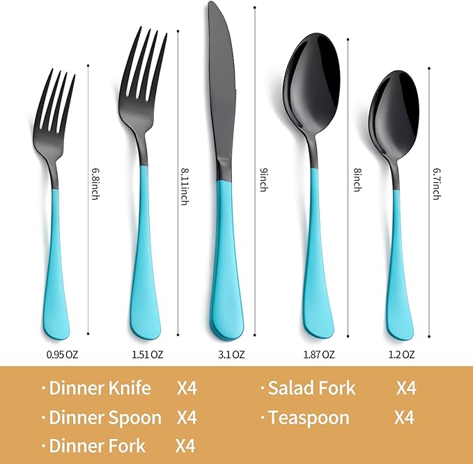 20-Piece Black and Lake Blue Silverware Set 18/0 Stainless Steel Silverware Set Lake Blue Handle Cutlery Set Service for 4 Dinner Knives Forks Spoons Set Flatware Set Finish Dishwasher Safe