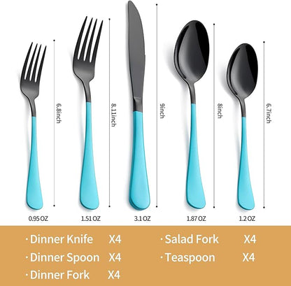 20-Piece Black and Lake Blue Silverware Set 18/0 Stainless Steel Silverware Set Lake Blue Handle Cutlery Set Service for 4 Dinner Knives Forks Spoons Set Flatware Set Finish Dishwasher Safe