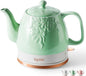 Toptier Electric Ceramic Tea Kettle, Boil Water Quickly and Easily, Detachable Swivel Base & Boil Dry Protection, Carefree Auto Shut Off, 1 L, Green Leaf