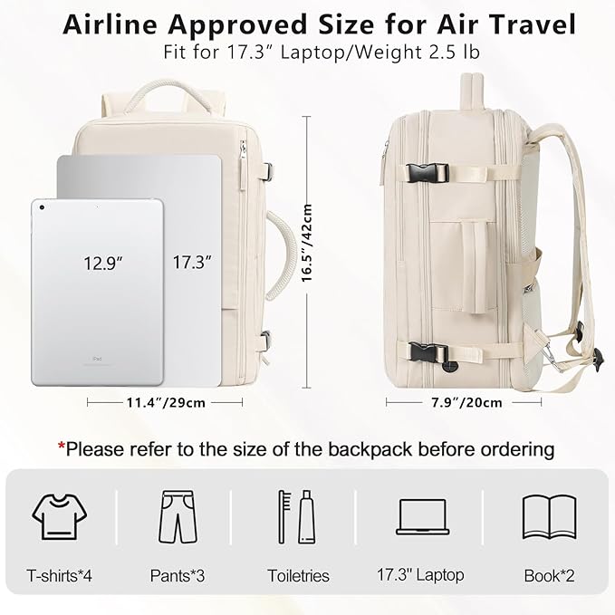 Travel Backpack for Women, Large Carry On Backpack for Travel, Waterproof Backpack Personal Item, Backpack for Women, laptop backpack 17.3 inch, College Bag Casual Daypack, Beige