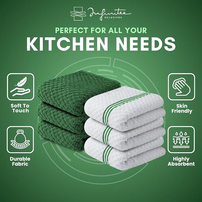 Infinitee Xclusives 100% Cotton Kitchen Towels - 15x25 Inch Ultra Soft Tea Towel, Super Absorbent Terry Dish Towels for Kitchen Linens |Green|