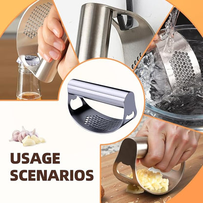 Stainless Steel Garlic Press, 2025 New Arc Shape Stainless Steel Ring Garlic Chopper, Garlic Presse Rocker Garlic Press Mincer Crusher Press, Kitchen Heavy Duty Handle Garlic Chopper (2)
