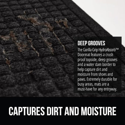 GORILLA GRIP Front Door Mat, Indoor Outdoor Ultra Absorbent HydroAbsorb Doormat, Absorbs Up to 1.7 Cups of Water, Stain and Fade Resistant, Rubber Backing Doormats, Captures Dirt, 29x17 Black