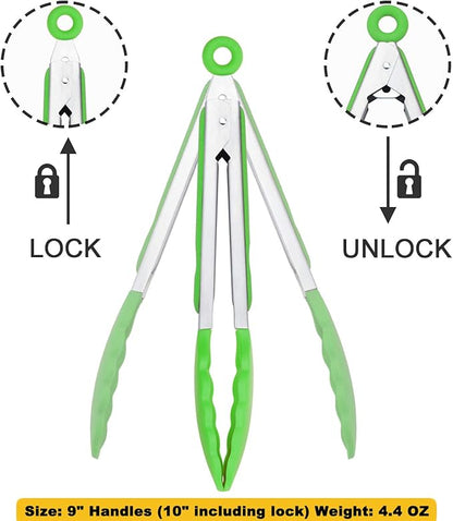 Silicone Tongs 9-Inch Stainless Steel Locking Kitchen Tongs, Set of 3 (Green)