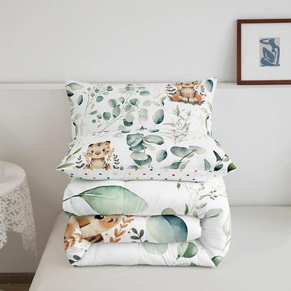 Erosebridal Kids Cute Animal Toddler Comforter Set for Girls Boys Cartoon Tiger Bedding Set, Spring Eucalyptus Bedding Comforter Sets Leaves Duvet Set, Kawaii Jungle Animal Quilted Comforter