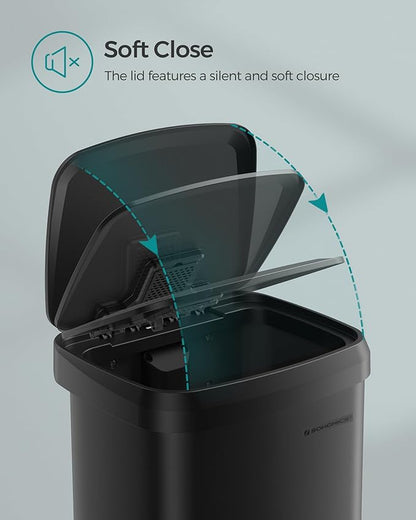 SONGMICS Kitchen Trash Can, 13 Gallon (50 L) Stainless Steel Garbage Can, with Stay-Open Lid and Step-on Pedal, Soft Closure, Tall, Large and Space-Saving, Black ULTB530B50