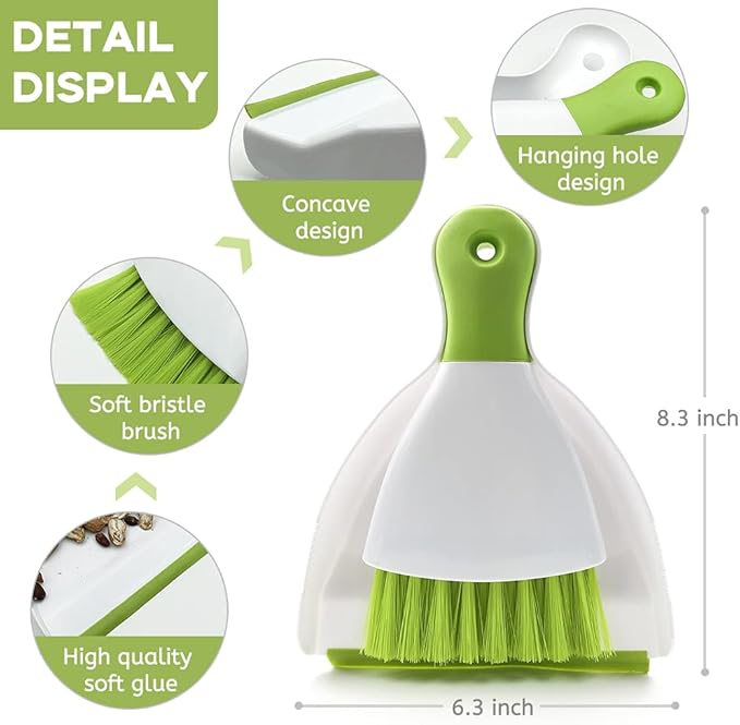 Dust pan Broom Brush Dustpan - Small Broom and Dustpan Set, Mini Broom and Dust pan, Small Dustpans and Brush Set for Home Cleaning,Sofa, Desk, Guinea Pig Cage, Cat Litter etc.（Green）