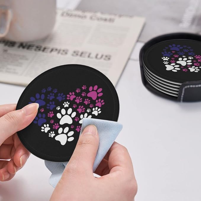 6 Pcs Cat Dog Paw Prints Heart Leather Coasters