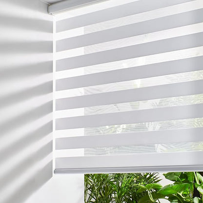 Persilux Cordless Zebra Blinds for Windows Free-Stop Roller Windows Shades (46" W X 64" H, White) Dual Layer Light Control for Day and Night, Light Filtering Sheer Shades for Home, Easy to Install