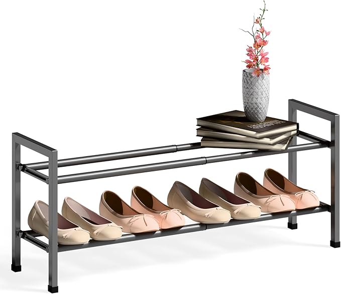 Bumusty 2-Tier Expandable Shoe Rack for Closet, 18“-33” Adjustable Shoe Rack for Small Space, Small Shoe Organizer for Front Door, Sturdy Metal, Gray