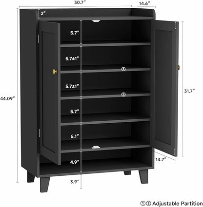 Flat-Shelf Shoe Cabinet with Doors，6-Tier Shoes Storage Cabinet with Adjustable Shelves，Wooden Shoe Rack Shoes Storage Organizer Cabinets for Entryway, Hallway, Living Room（Black）