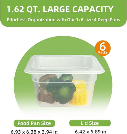 6-Pack Food Pan with Lids, 1/6 Size Food Storage Containers for homes, schools, restaurants, hotels Meal Prep, -40℉-160℉, Stackable, Freezer-Safe (1/6 size 4 inch deep, 1.53L/1.62QT)