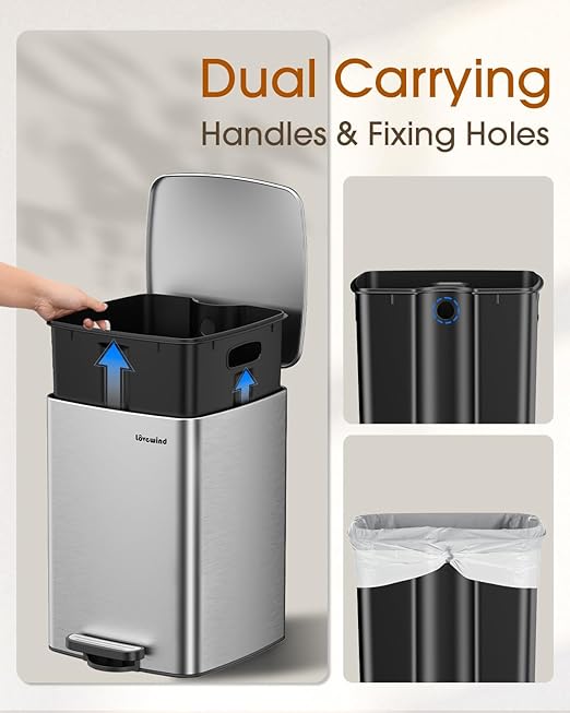Lovewind Kitchen Trash Can with Lid, 5.2 Gallon/20 L Footstep Garbage Can for Kitchen Bedroom Home Office, 20 Liter Trash Bin Brushed Stainless Steel Waste Bin with Soft-Close Lid,Silver