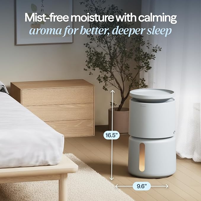 BLUEAIR Room Humidifier - DreamWell - 48Hr Top-Fill Mist-Free InvisibleMist Technology Aroma Stone for Essential Oils and Soothing Mood Lighting - Quiet Operation for Bedroom and Home Use, Grey