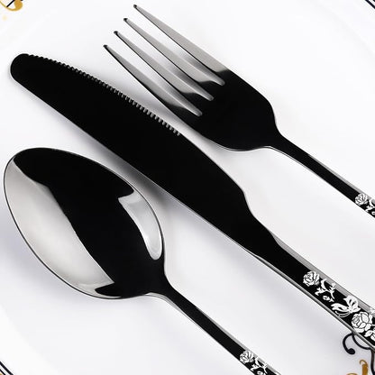 Skull Black Silverware Set for 8, 40-Piece Pirate Rose Flatware Set, Gothic