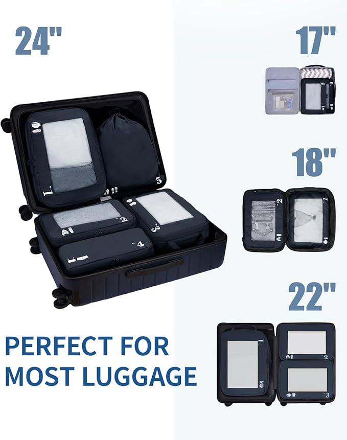 ECOHUB 5 Set Compression Packing Cubes for Suitcases Organiser Bags Set Travel Essentials with Shoe Bags for Travel Tear-resistant Travel Accessories with ID Tag Expandable Packing Bags(Navy Blue)