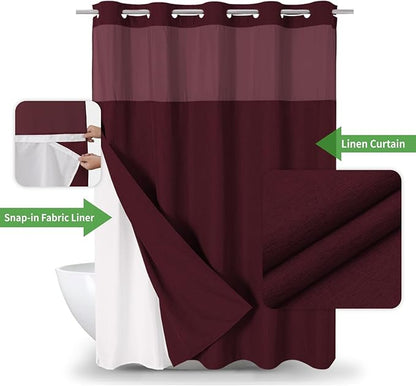 Long No Hooks Needed Linen Textured Shower Curtain with Snap-in Fabric Liner Set,Hotel Luxury Decor Shower Curtains for Bathroom,Waterproof & Washable,71Wx80H,Burgundy