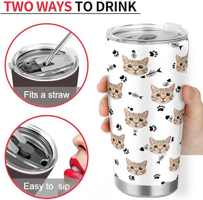 FunStudio Personalized Cat Face Tumbler with Pictures Kitty Pet Paw Custom Tumblers Coffee Travel Mug Cup Gift for Men Women, 20 Oz Insulated Stainless Steel