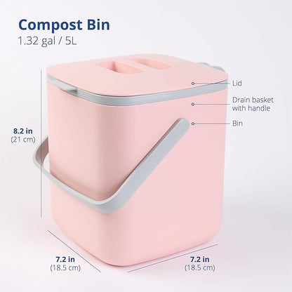 BLUE GINKGO Kitchen Compost Bin [5L / 1.32 GAL] – Filter-Free, Odor-Tight Countertop Food Waste Pail with Handles (Made in Korea, Pink)