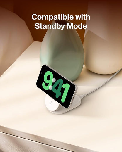 Belkin Magnetic Foldable Wireless Charging Stand 15W - MagSafe-Compatible Qi2-Certified Charger, Wireless Charging Stand for iPhone 16, Galaxy S25, & More - Standby Mode Ready w/PSU Included - White