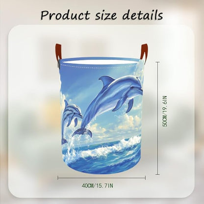 Laundry Baskets 15.7x19.7 Inch Large Dolphin Ocean Design Collapsible Laundry Hamper with Handles Oxford Fabric Clothes Storage Bin Foldable Dirty Clothes Organizer for Bathroom Bedroom Dorm