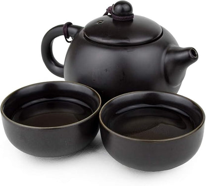Teapot Chinese Ceramic White Cyan Black Portable Travel Packaging Xishi Pot Cups set (Black 1pot 2cups set)