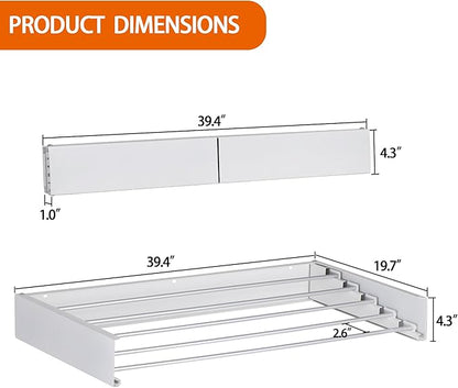 FOCHIER F Laundry Drying Rack Wall Mounted Clothes Drying Rack Collapsible with 4 Aluminum Rods and Drilling Template Long Screwdriver Bit 60 lbs Capacity (White, 40")