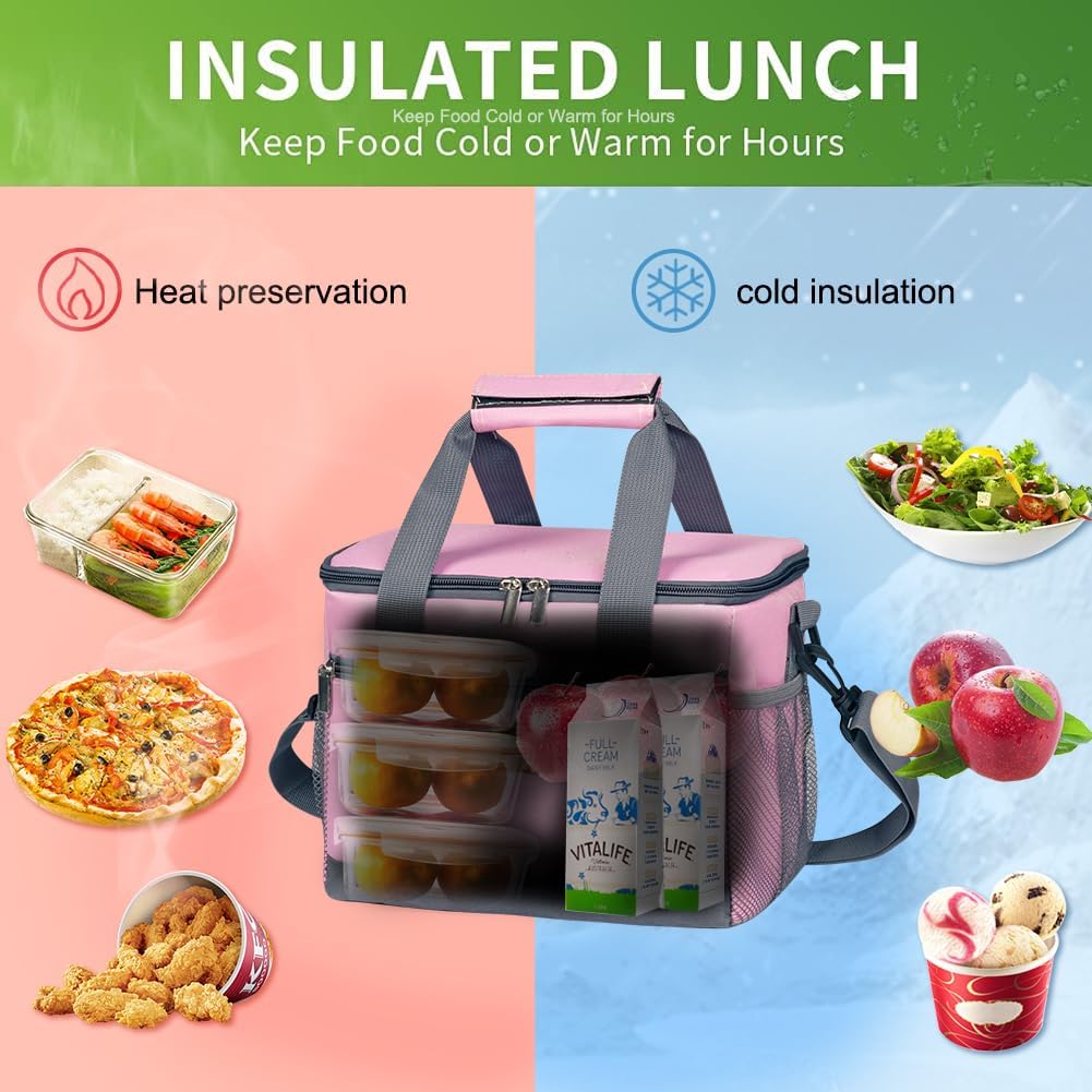 iknoe Large Foldable Cooler Bag, 8.5L Insulated Lunch Bag, Leakproof Lunch Cooler Tote with Multi-Bag Design Suitable for Beach, Picnic and Office Use, Pink 15-Can
