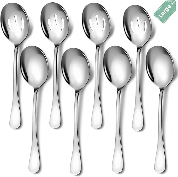 Stainless Steel Serving Spoons Set, 8pc, 10-Inch, Includes 4 Large, 4 Slotted, for Parties/Kitchen/Buffet/Catering, Dishwasher Safe
