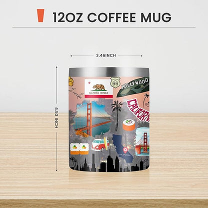 12oz Coffee Mug California State Insulated Coffee Cups, United States Map Travel Mug Landmark, Birthday Gifts Cute Mugs with Lid and Straw Mothers Day Gifts