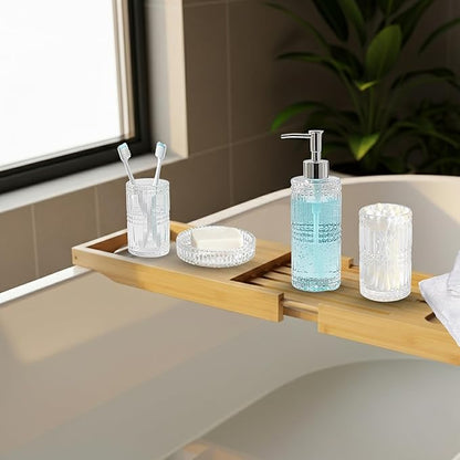 Escenzy Clear Glass Bathroom Accessories Set 4 Pcs | Premium Liquid Soap Dispenser and Toothbrush Holder Set, Qtip Holder, Soap Tray | Bathroom Countertop Organizer | Modern Bathroom Accessory Sets